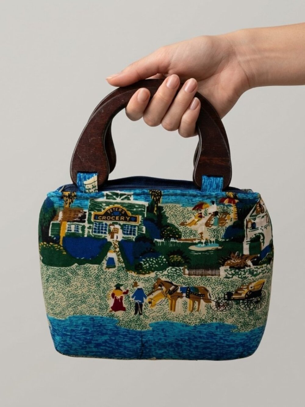 Unique Vintage Style Fabric Handbag Peter's Grocery Market Scene Wood Handles Bl